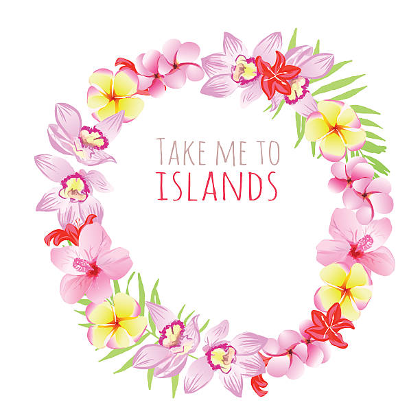 ilustraciones, imágenes clip art, dibujos animados e iconos de stock de lléveme a marco redondo, de las islas. plantilla de diseño con flores. - aloha palabra hawaiana