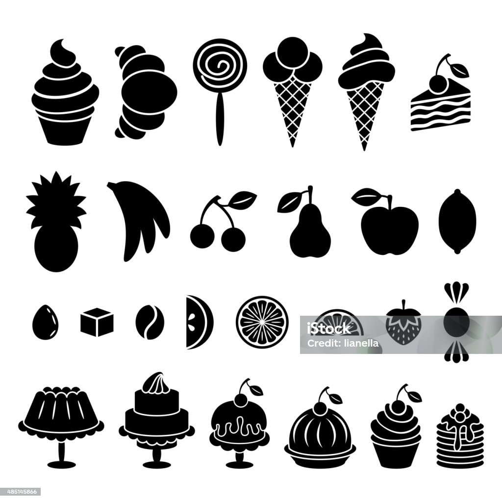 Sweet baked food and fruit silhouettes set Sweet baked food and fruit silhouettes set. Cakes, cupcakes, croissant, pancakes, pie, donut, ice cream, pretzel and apple, cherry, lemon, strawberry, banana, pineapple, pear, and also candies. Vector elements isolated on white background Bakery stock vector