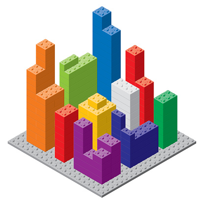 An isometric cityscape constructed from toy plastic building bricks.