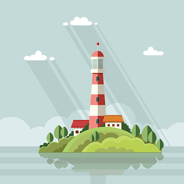 ilustrações, clipart, desenhos animados e ícones de vista do mar. farol da ilha em um fundo de nuvens. tm - lighthouse beacon sailing storm