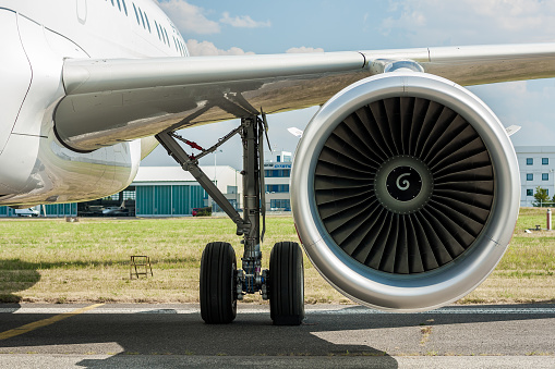 Detail of a jet engine turbine. This one is from Pratt & Whitney and mounted on Airbus A319