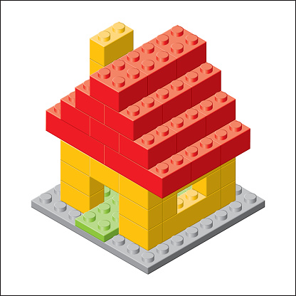 A simple toy house constructed from plastic bricks.