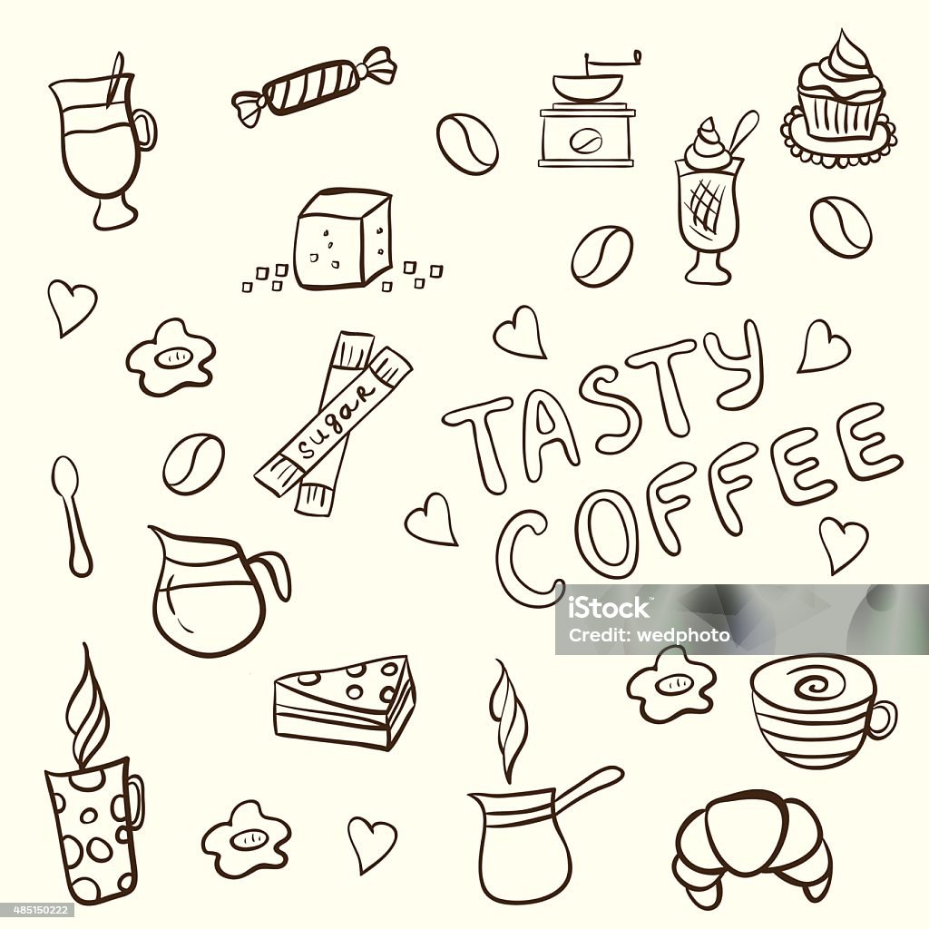 Vector set of tasty coffee hand drawn doodles Set of doodles, hand drawn rough simple coffee theme sketches, various kinds of coffee, ingredients and devices for coffee making with tasty cakes and candies. Vector isolated on beige background for cafe menu, fliers, chalkboard 2015 stock vector