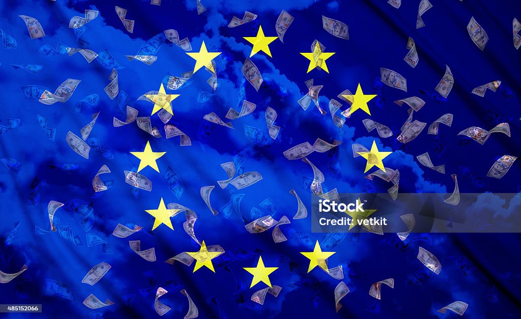 falling dollar bills falling dollar bills on a  European Union flag background, double exposure 2015 Stock Photo