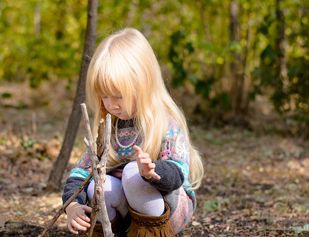 istock Serious Blond Girl Assembling Sticks on the Ground 485155276
