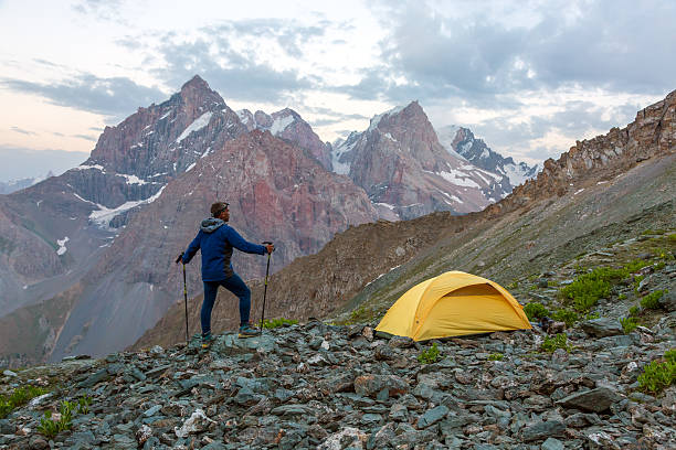 istock Hiker camping tent and mountain landscape 485158964
