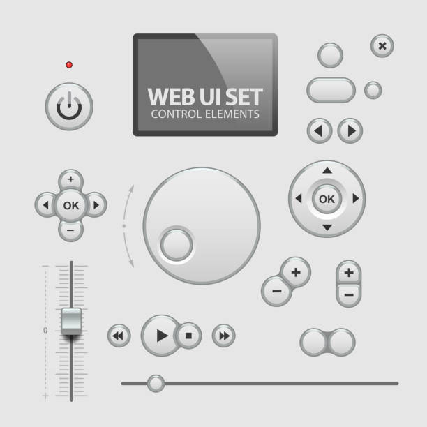 ilustrações de stock, clip art, desenhos animados e ícones de elementos de design de interface web cinzento - knob volume push button control