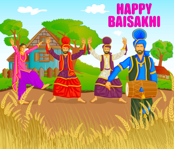 illustrazioni stock, clip art, cartoni animati e icone di tendenza di sikh facendo bhangra, folk di danza del punjab, india per felice - bhangra