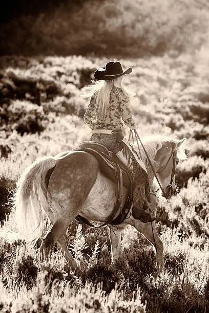 Sepia-toned black and white  rear view of an American cowgirl horsebackriding in early morning. Dirt and pollen can be see floating in the air all around her.