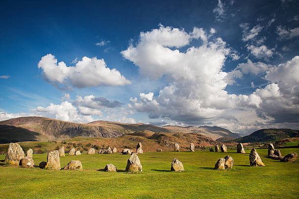 Castlerigg Stone Circle, Keswick Castlerigg Stone Circle in the evening light casting shadows.  Castlerigg is close to Keswick in the English Lake District. keswick stock pictures, royalty-free photos & images