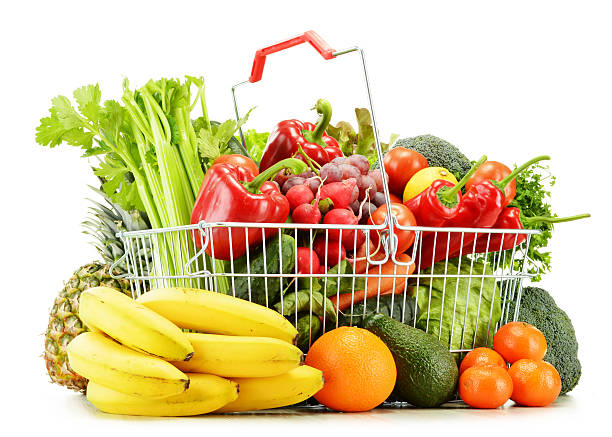 istock Wire shopping basket with groceries isolated on white 485164463