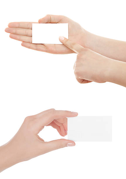 istock Business card in woman hand on white 485165016