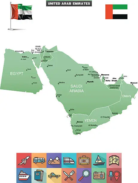 Vector illustration of Map of Middle East, with travel icons