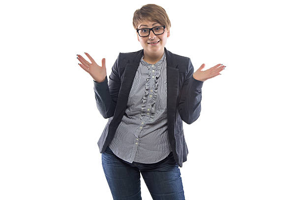 istock Image surprised pudgy woman with open hands 485165252
