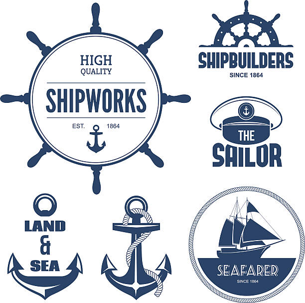 Nautical labels Blue nautical signs and labels wheel cap stock illustrations