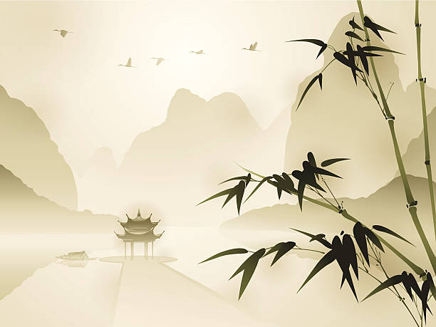 Oriental style painting, Bamboo in tranquil scene Bamboo in a tranquil scene.  Background: Pavilion, mountain, boat, flying crane birds. Vectorized brush painting. Ink and Brush stock illustrations