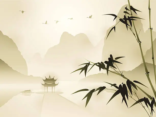 Vector illustration of Oriental style painting, Bamboo in tranquil scene