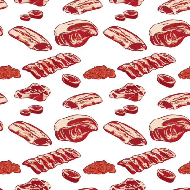 Vector illustration of Various meat cuts seamless pattern