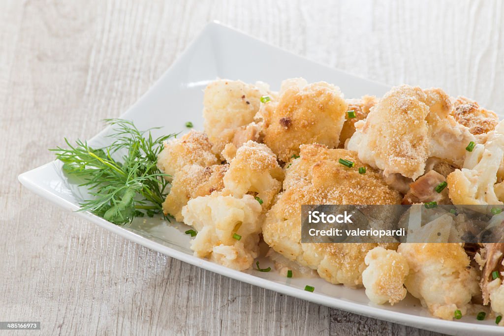 Cauliflower Gratin with tuna in the pan Baked Stock Photo