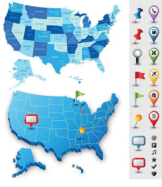 Vector illustration of USA Map With Pins - Highly Detailed