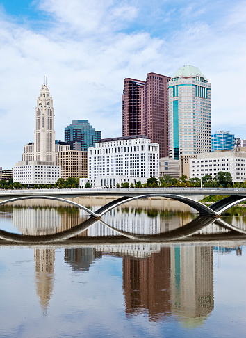 Downtown Columbus, Ohio On A Sunny Summer Day With Reflection In The River.