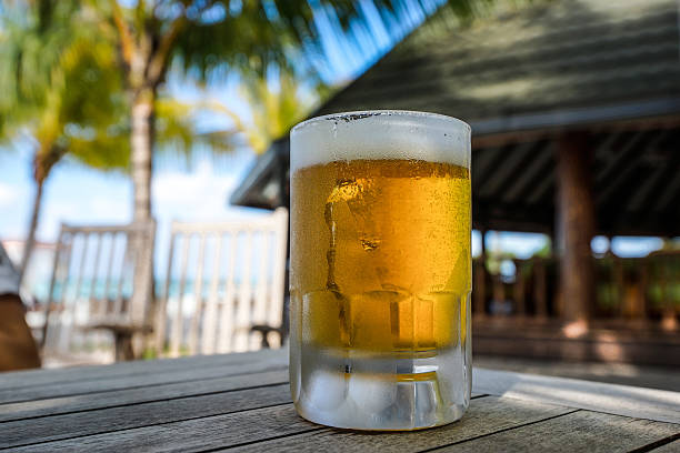 istock Beer glass on bar table at the open-air cafe. 485178618
