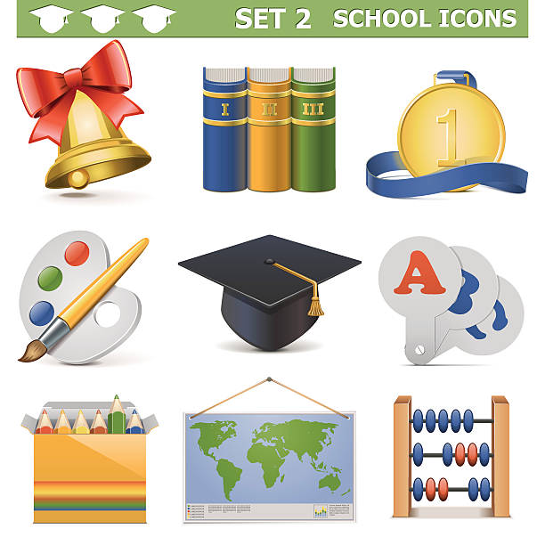 Vector School Icons Set 2 Vector School Icons, including books, hat, abacus and others schooling elements, isolated on white background school handbell stock illustrations