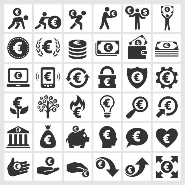 Euro Finance & Money black and white vector icon set Euro Finance and Money black and white royalty free vector icon set. This editable vector file features black icons on white background. The icons are organized in rows and can be used as app icons, online as internet web buttons, and in digital and print. e stock illustrations