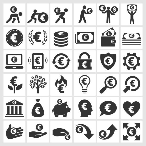 Euro Finance & Money black and white vector icon set Euro Finance and Money black and white royalty free vector icon set. This editable vector file features black icons on white background. The icons are organized in rows and can be used as app icons, online as internet web buttons, and in digital and print. e icon stock illustrations