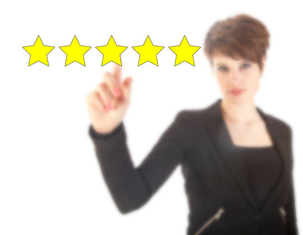 istock Young woman with five stars isolated on white background 485190306