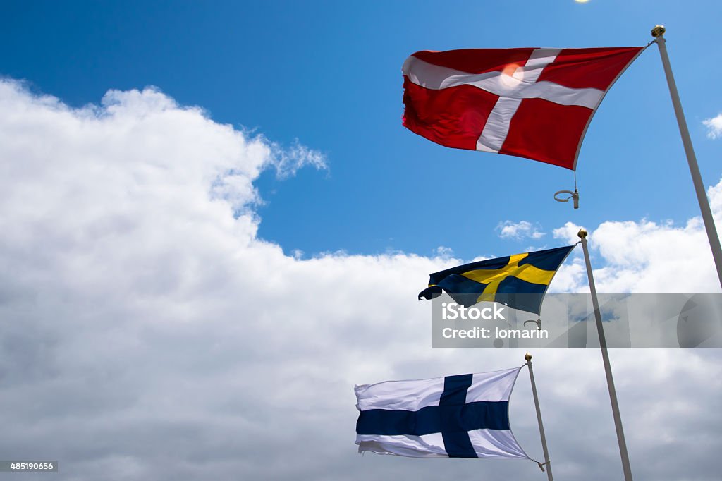 A Finlândia, a Suécia e a Dinamarca flags - Foto de stock de Bandeira Finlandesa royalty-free