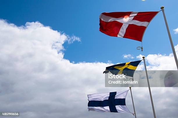 Foto de A Finlândia A Suécia E A Dinamarca Flags e mais fotos de stock de Bandeira Finlandesa - Bandeira Finlandesa, Dinamarca, Suécia