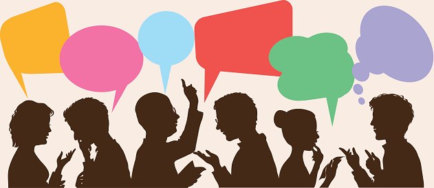 An illustration of dialogue and thoughts taking place among silhouettes of people in various positions.  The speech bubbles are yellow, pink, light blue, red and green.  The sole thought bubble is purple.  The bubbles are of varying sizes and shapes.  For example, the yellow one resembles a flag on a short flagpole, while the blue one resembles a round pin.  Some of the silhouetted people are touching their hands to their chins, and one is gesturing upward with his pointer finger.  Some of the silhouettes have their heads tilted slightly forward.