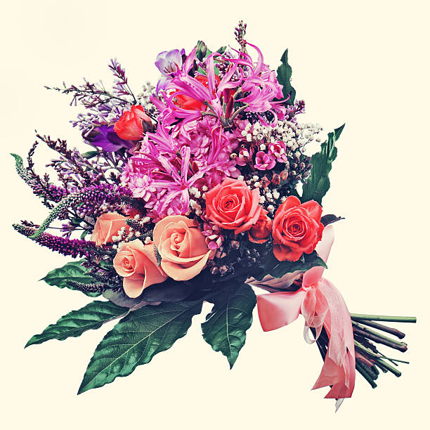 istock Bouquet of roses, lilies and orchids with retro filter effect. 485191199