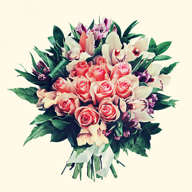 istock Bouquet of roses, lilies and orchids with retro filter effect. 485191203