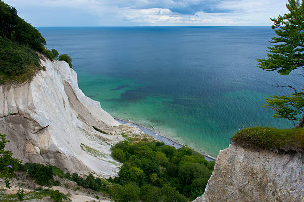Møns Klint, Denmark - June 1st 2025:  This image captures a man walking along the base of Møns Klint, a famous chalk cliff located on the island of Møn in Denmark. The towering white cliffs, covered with patches of greenery, rise steeply from the beach, showcasing their impressive height and rugged texture. The scene highlights the natural beauty and grandeur of the cliffs, making it a popular destination for nature enthusiasts and hikers. The man in the foreground provides a sense of scale, emphasizing the sheer size and steepness of the cliff face.