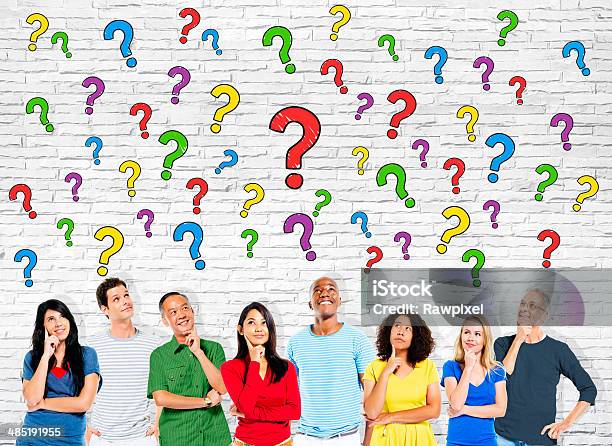 Group Of People Looking Up With Question Marks Stock Photo - Download Image Now - Adult, African Ethnicity, Asian and Indian Ethnicities
