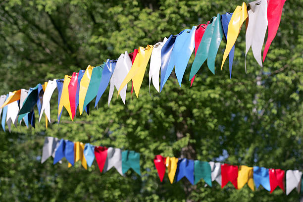 istock colorful bunting flags against green forest 485193568