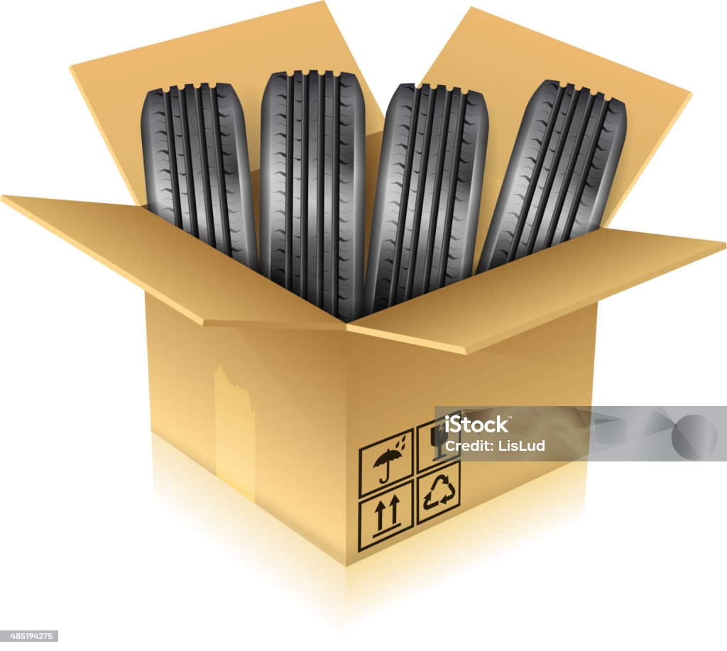 Tires Open Cardboard Box with Four Tires, vector isolated on white background. Black Color stock vector