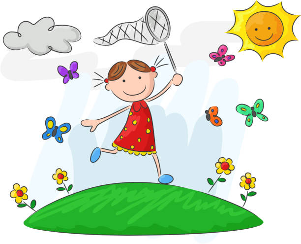 illustrazioni stock, clip art, cartoni animati e icone di tendenza di fumetto di bambina con reti - butterfly women humor fun