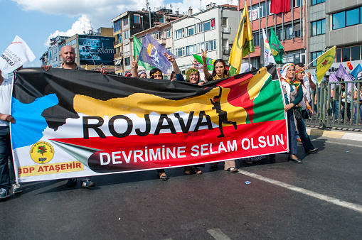 Istanbul, Turkey - September 1, 2013: Group of unions, associations and political parties, including the Peace and Democracy Party (BDP), organized a demonstration to mark World Peace Day in Kadıköy. 