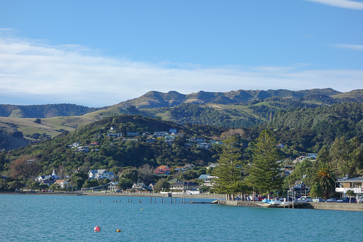 Bay and harbour in Akaroa, New Zealand