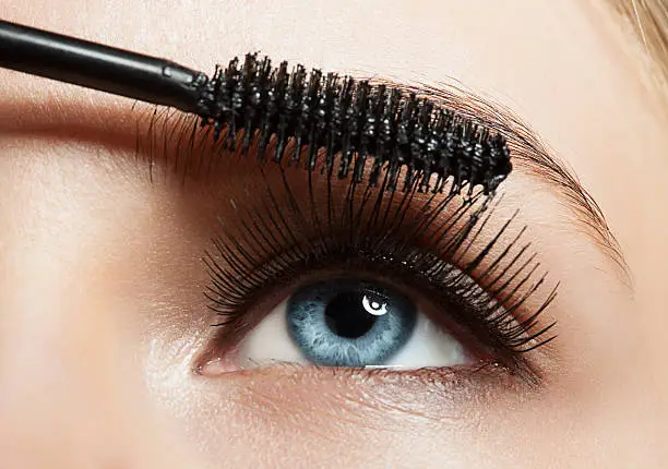 Close-up of make-up blue eye with long lashes with black mascara