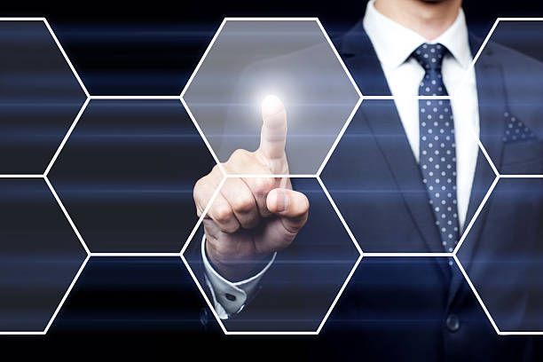 istock Businessman pressing virtual icons 485202220