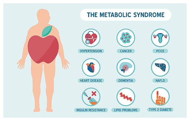 The metabolic sundrome The metabolic syndrome infographics with disease medical icons, fat male body and apple shape metabolic syndrome stock illustrations