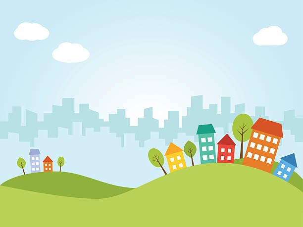 City with colored houses Illustration of city with colored houses on hills hill cartoons stock illustrations