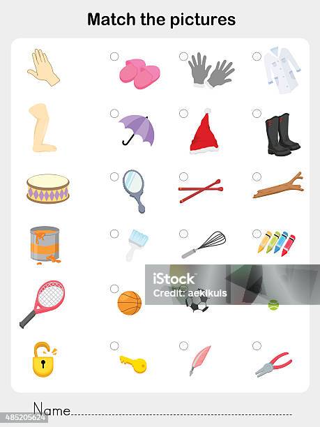 Match Object Worksheet For Education Stock Illustration - Download Image Now - 2015, Activity, Cap - Hat