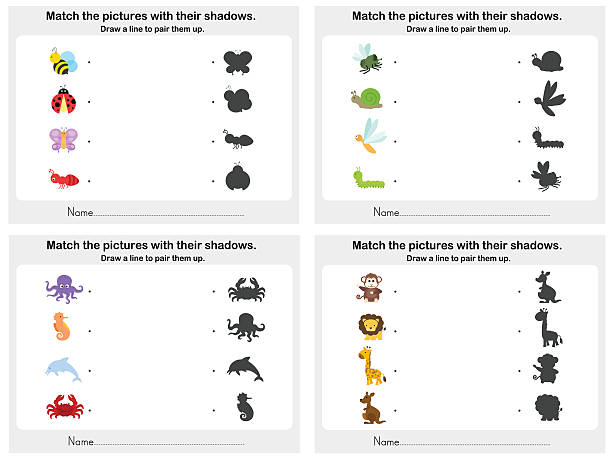 совпадение животных shadow 4 sheet-листе для образования - child writing word stock illustrations