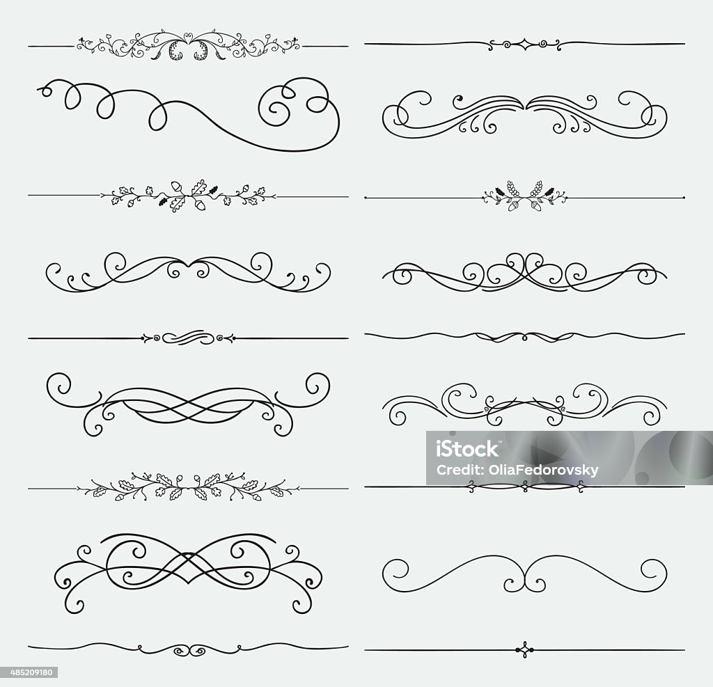 Vector Black Doodle Hand Drawn Swirls Collection Set of Black Hand Drawn Rustic Doodle Design Elements. Decorative Floral Swirls, Scrolls, Text Frames, Dividers. Vintage Vector Illustration.  Decoration stock vector