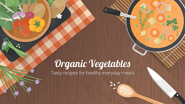 Vegetarian recipes banner Vegetarian healthy recipes banner with vegetables on a bowl, a pan with soup and kitchenware on a wooden surface cooking pan overhead stock illustrations